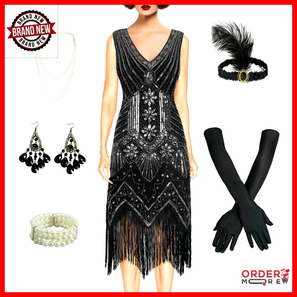 Vintage 1920s Flapper Dress With Fringe Lace Gatsby Costume Accessories Set